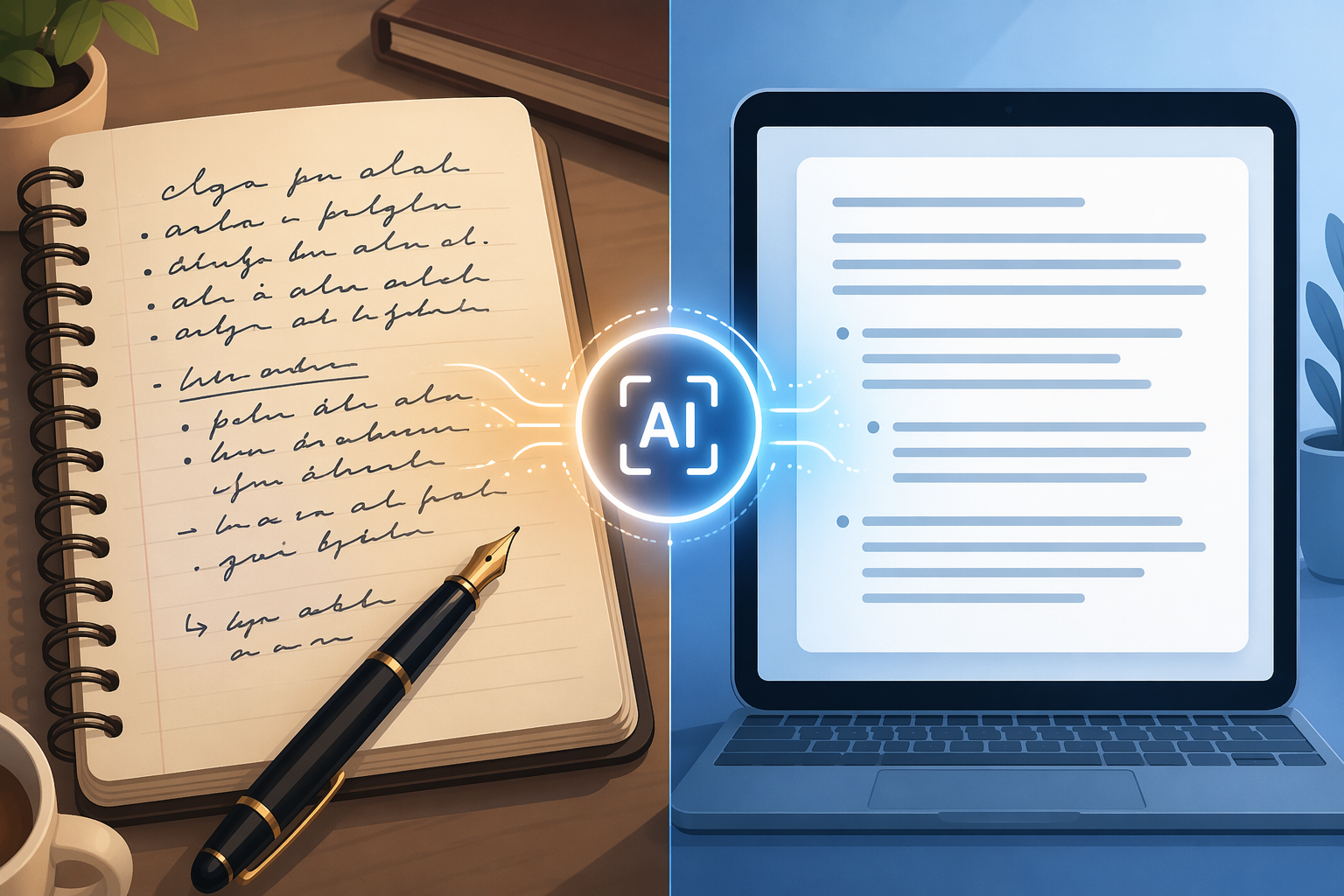 Split-screen editorial illustration with a handwritten notebook page and fountain pen on the warm-toned left side and the same text shown as clean digital text on a cool blue laptop screen on the right, with a glowing processing icon bridging the two halves.