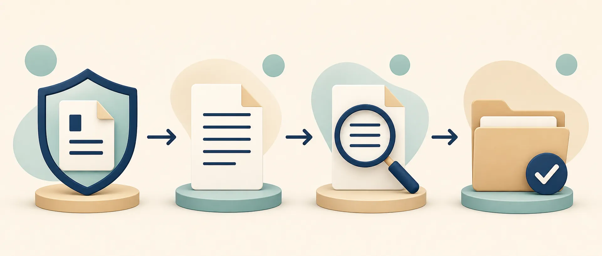 Four-step icon flow showing protected document, rules document, audit magnifier, and approved folder