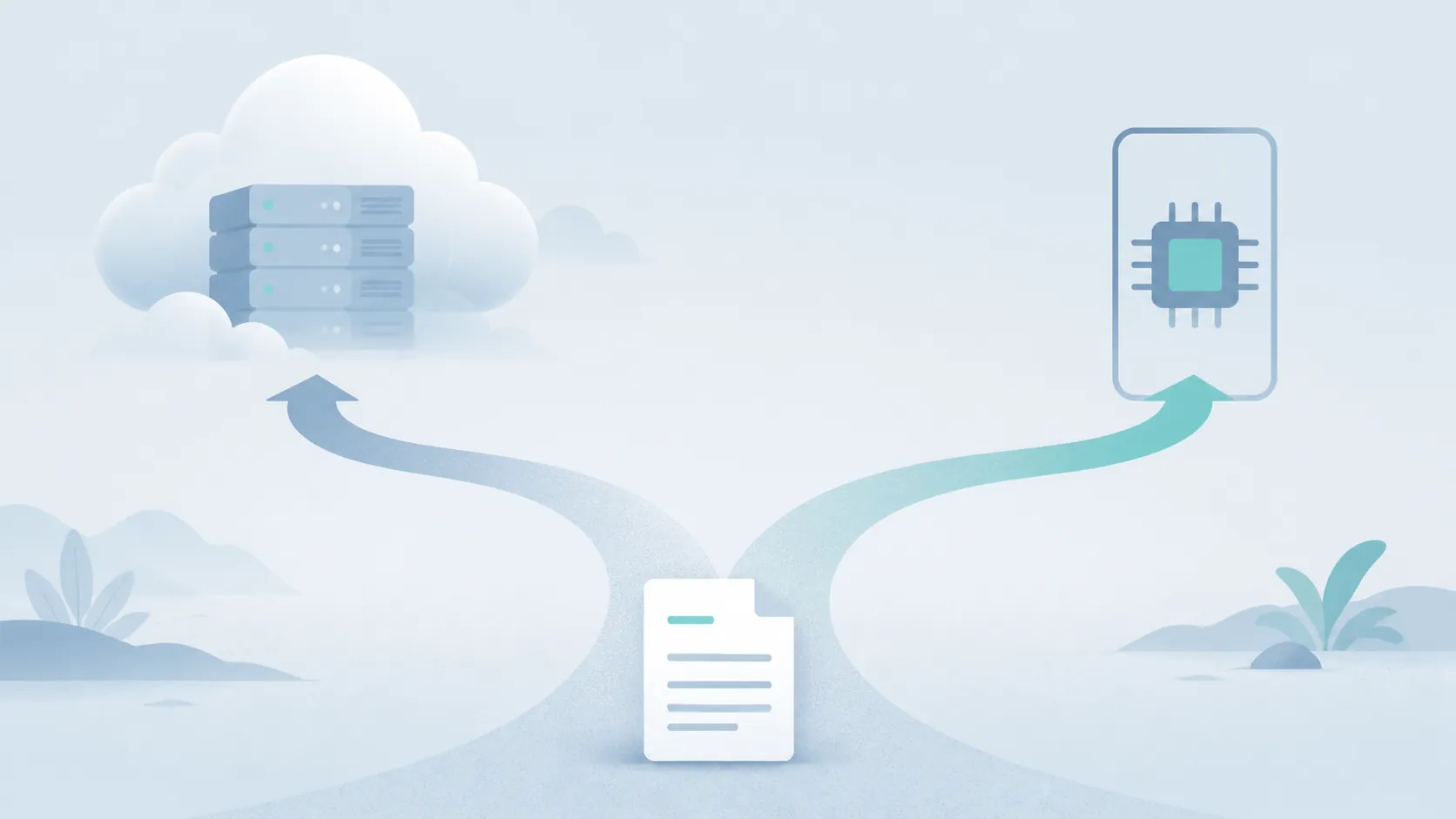 A note document splitting toward a cloud AI route and an on-device processor route