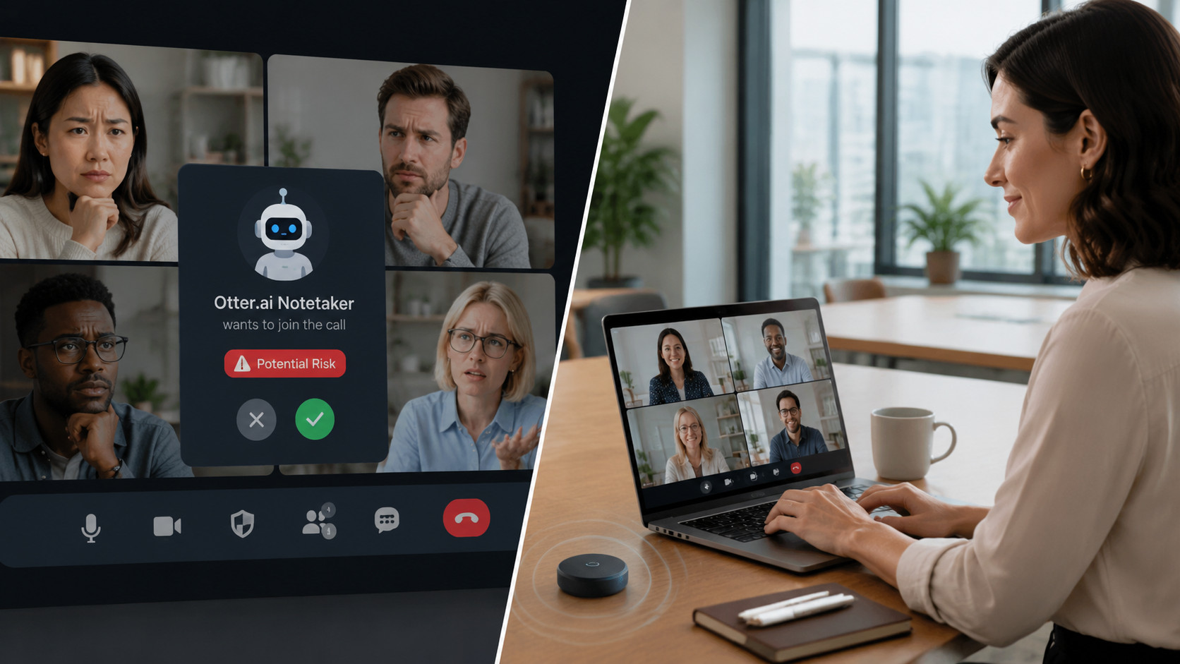 Split-screen illustration comparing a visible notetaker bot in a video call with bot-free device audio capture