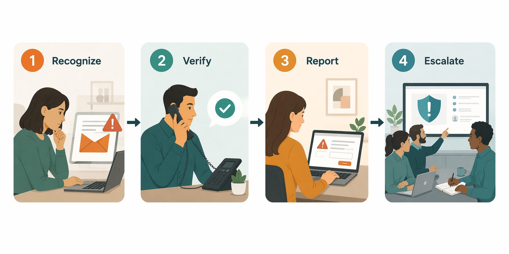 Workflow diagram showing Recognize, Verify, Report, and Escalate stages connected by arrows
