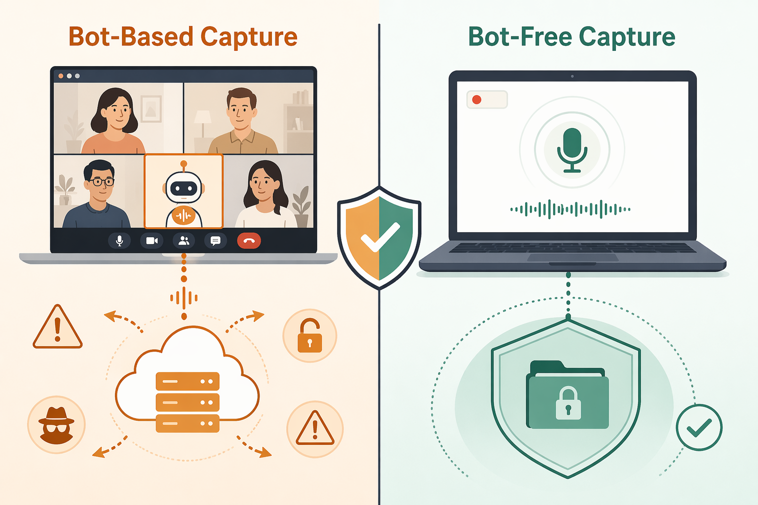 Comparison illustration showing bot-based capture on the left with data flowing to a cloud server and warning icons, and bot-free local capture on the right with data staying inside a shielded device icon, separated by a shield symbol.