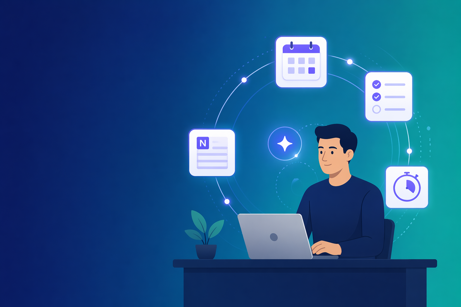 A calm knowledge worker at a desk surrounded by a circular orbit of floating productivity tool icons including a calendar, to-do list, note-taking app, timer, and spark icon, against a deep blue-to-teal gradient background.