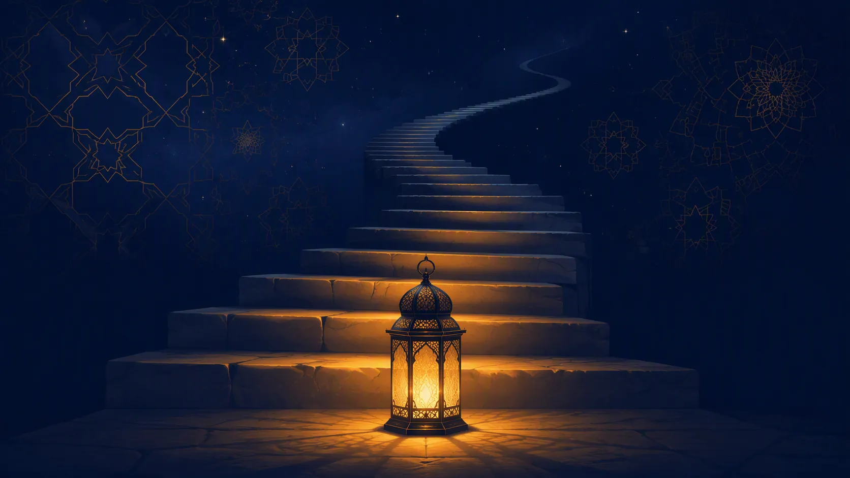 A glowing amber lantern beside softly lit stone steps ascending into a deep indigo sky