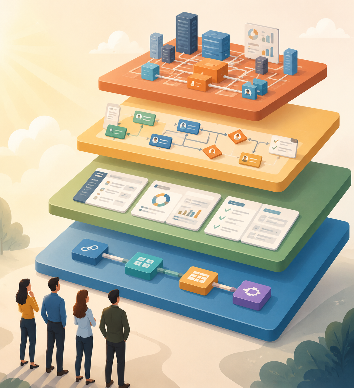 Four ascending tiers of workflow software, from connector blocks to enterprise architecture