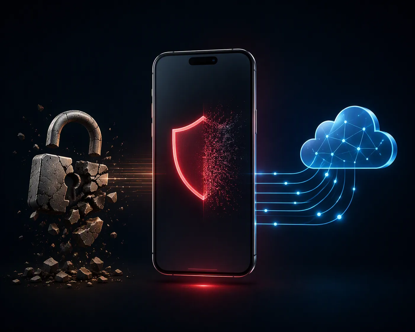 A smartphone undergoing a duress wipe, with destroyed local data on one side and recoverable encrypted cloud data on the other