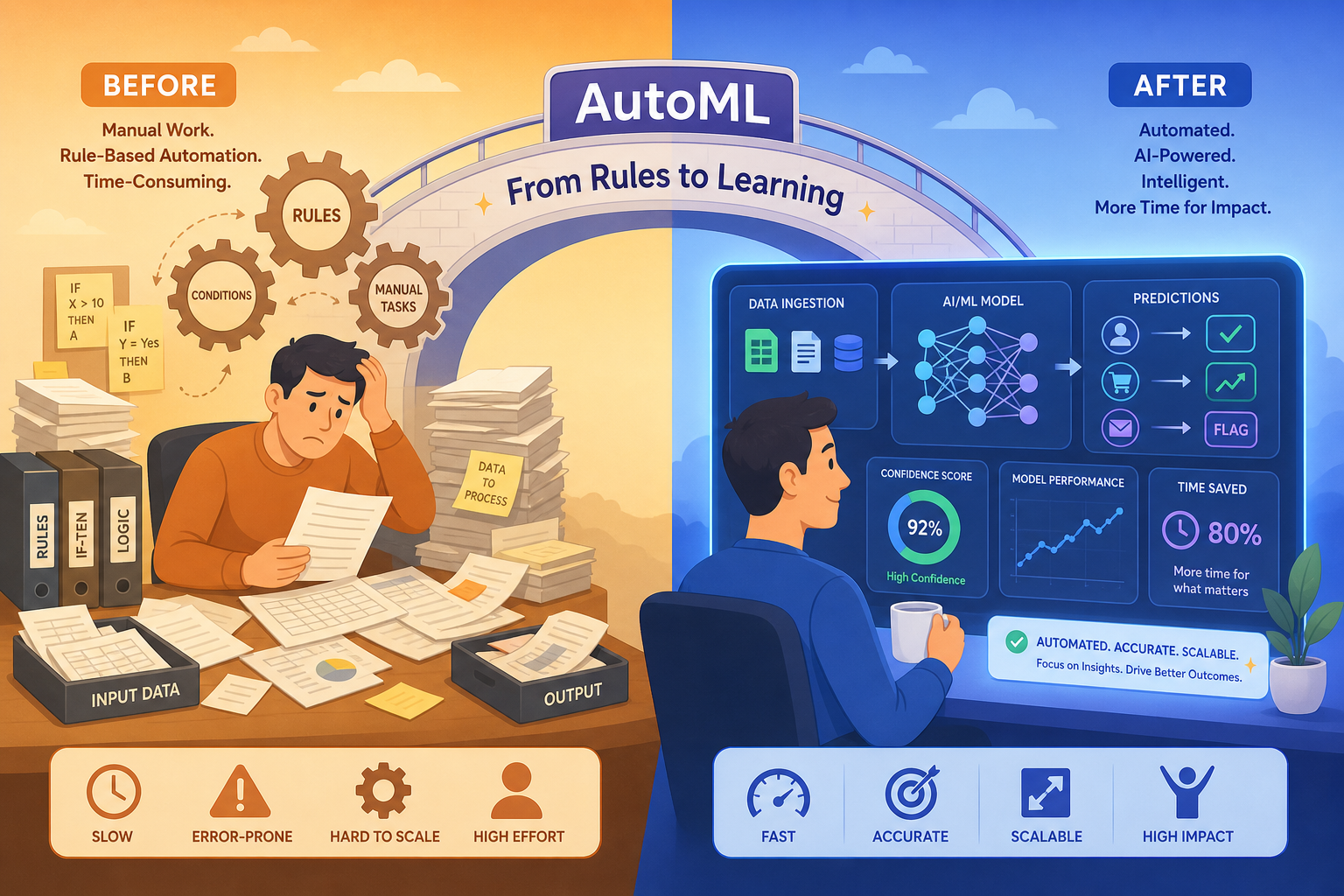 A flat vector illustration split into two scenes connected by a bridge labeled 'AutoML'. Left side shows a person sorting messy papers and files surrounded by gears in warm amber tones. Right side shows the same person watching a glowing dashboard with neural network nodes, prediction arrows, and confidence scores in cool blue and purple tones. Text 'From Rules to Learning' is centered on the connecting bridge.