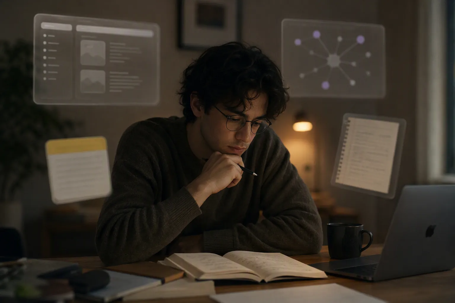 A Gen Z knowledge worker at a minimal desk surrounded by ghost-like app icons and a paper notebook