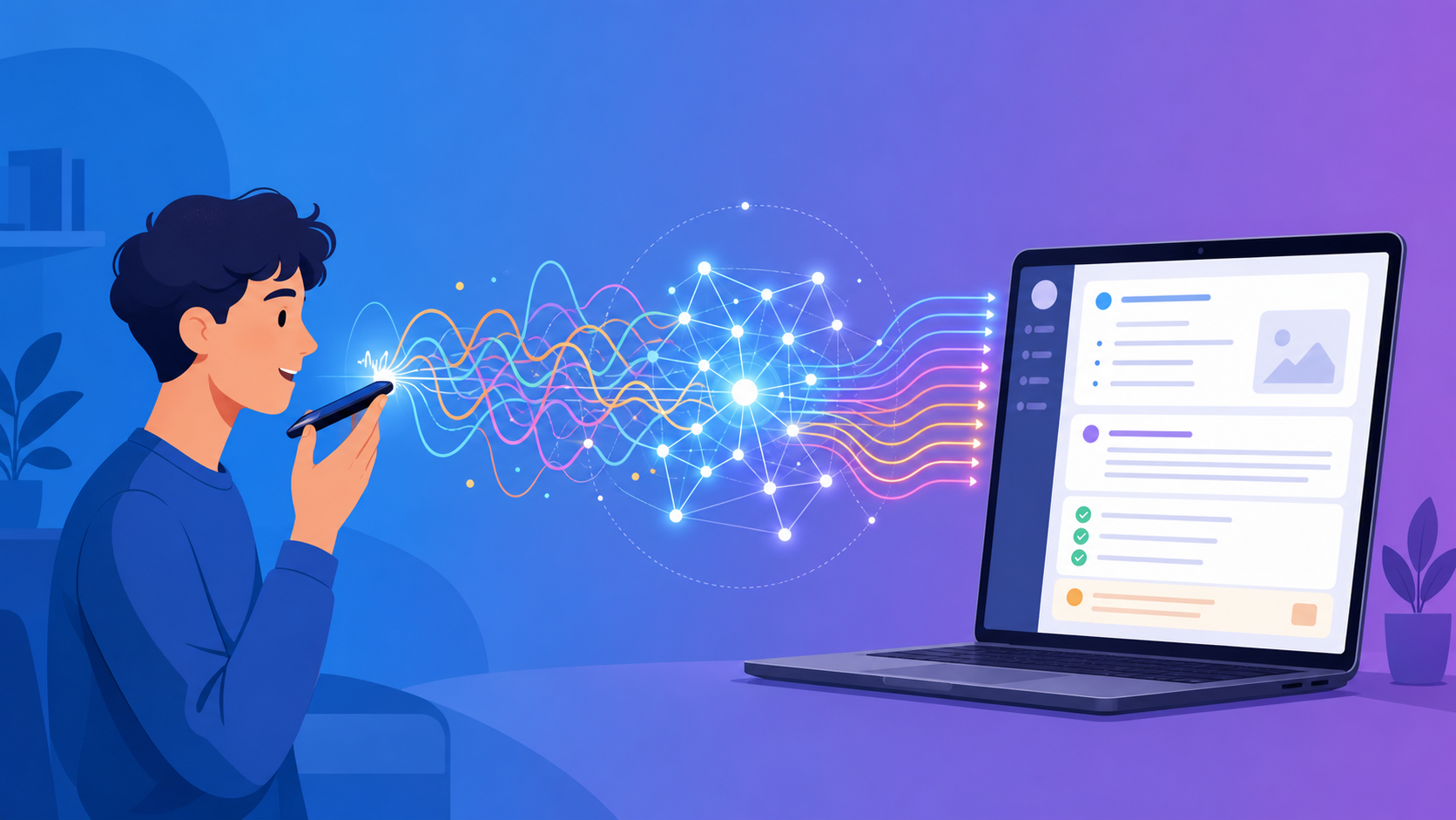 A person speaks into a phone on the left; abstract chaotic sound waves travel across the center where glowing neural network nodes process them, transforming into organized bullet points and clean paragraphs on a laptop screen on the right.