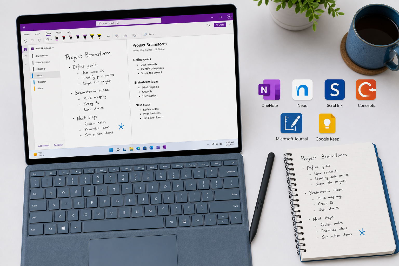 Flat-lay desk scene showing an open Windows 11 laptop with a split-view note-taking screen, a Surface Pen stylus resting beside it, a physical notebook with handwritten notes, and six app icons arranged around the laptop.