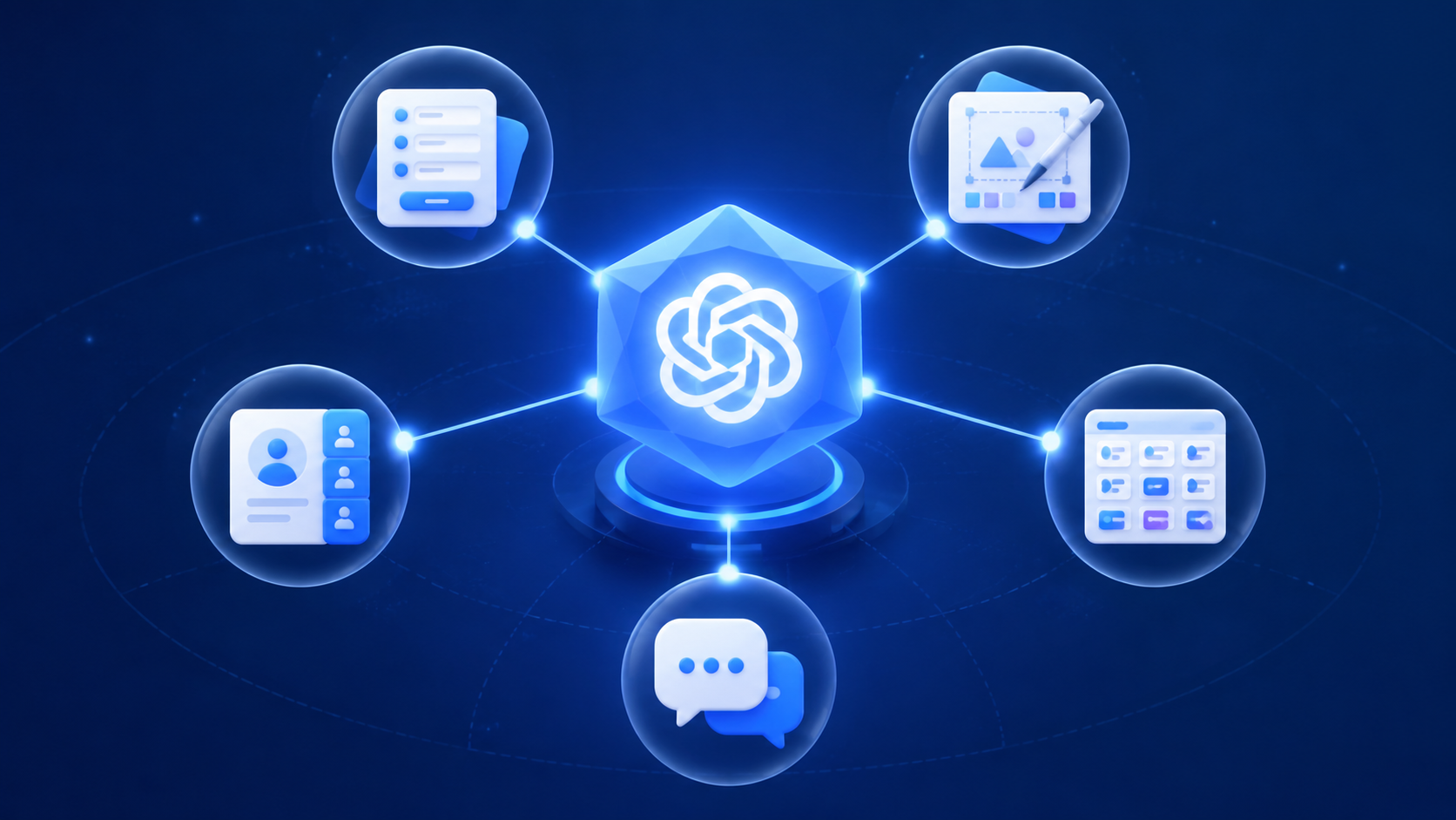 Central ChatGPT-style node connected to abstract icons for forms, design, CRM, project management, and messaging workflows