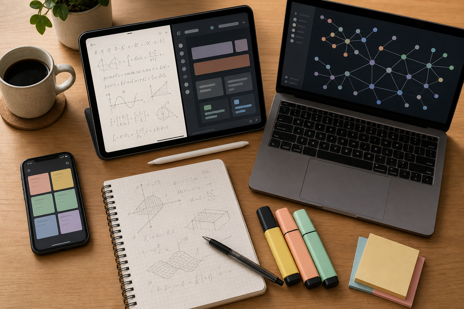 A flat-lay desk composition showing an iPad split between GoodNotes handwritten equations and Notion class dashboard, a laptop displaying Obsidian's graph view, a smartphone with Google Keep, a paper notebook, highlighters, and a coffee mug.