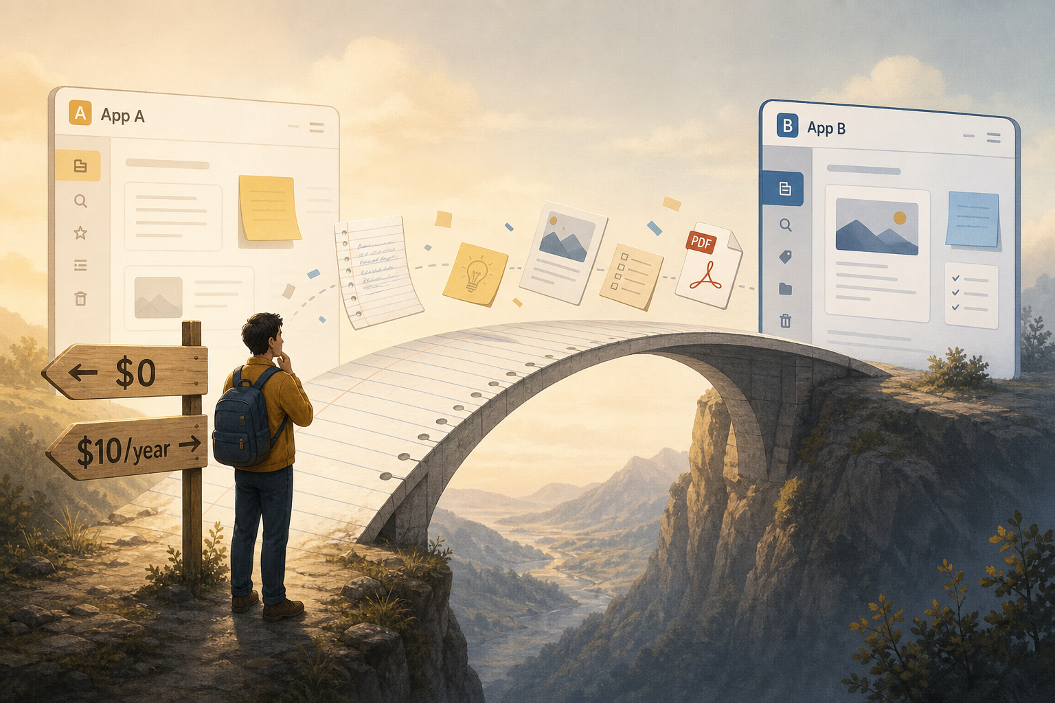 Illustration showing a paper bridge connecting two app interfaces with floating documents mid-journey and a signpost showing $0 and $10/year.
