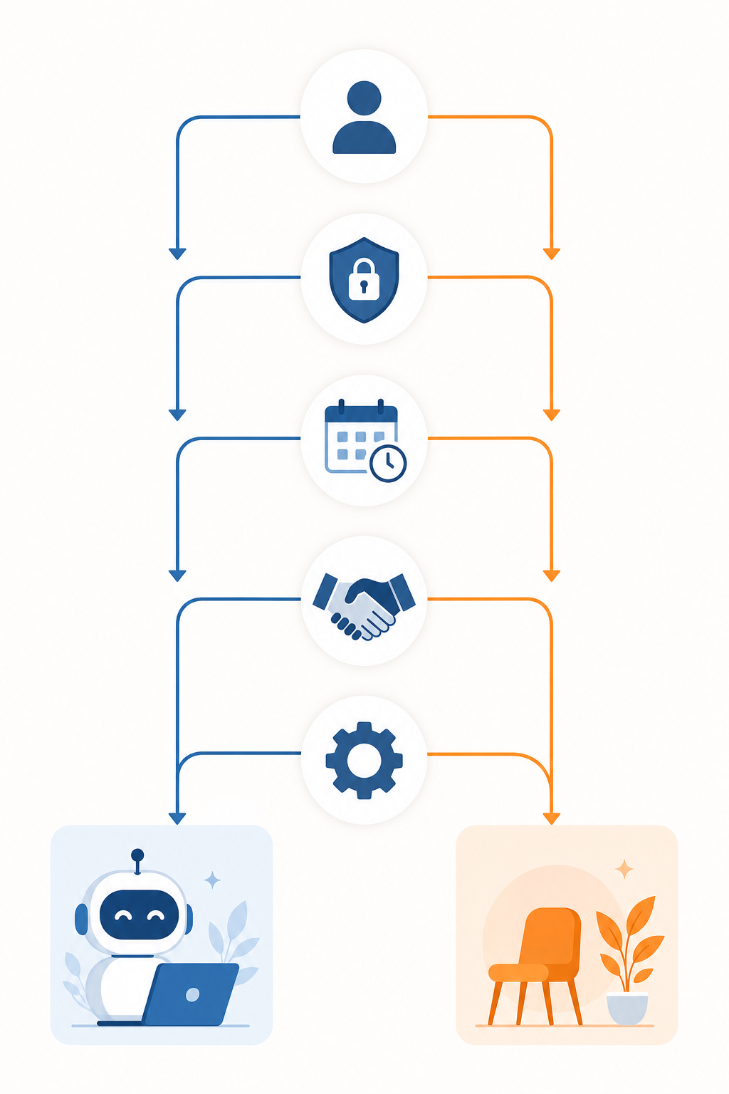 Flat illustration of a decision flowchart with five branching nodes showing icons for participant type, privacy shield, meeting frequency, client vs internal meetings, and workflow needs.