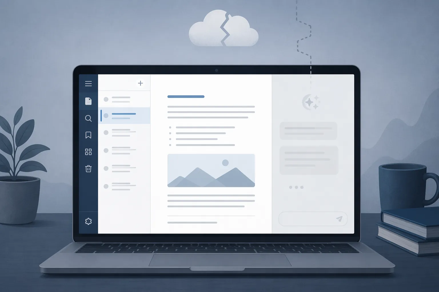 A note-taking app remains open while its AI feature panel is unavailable because of a cloud dependency