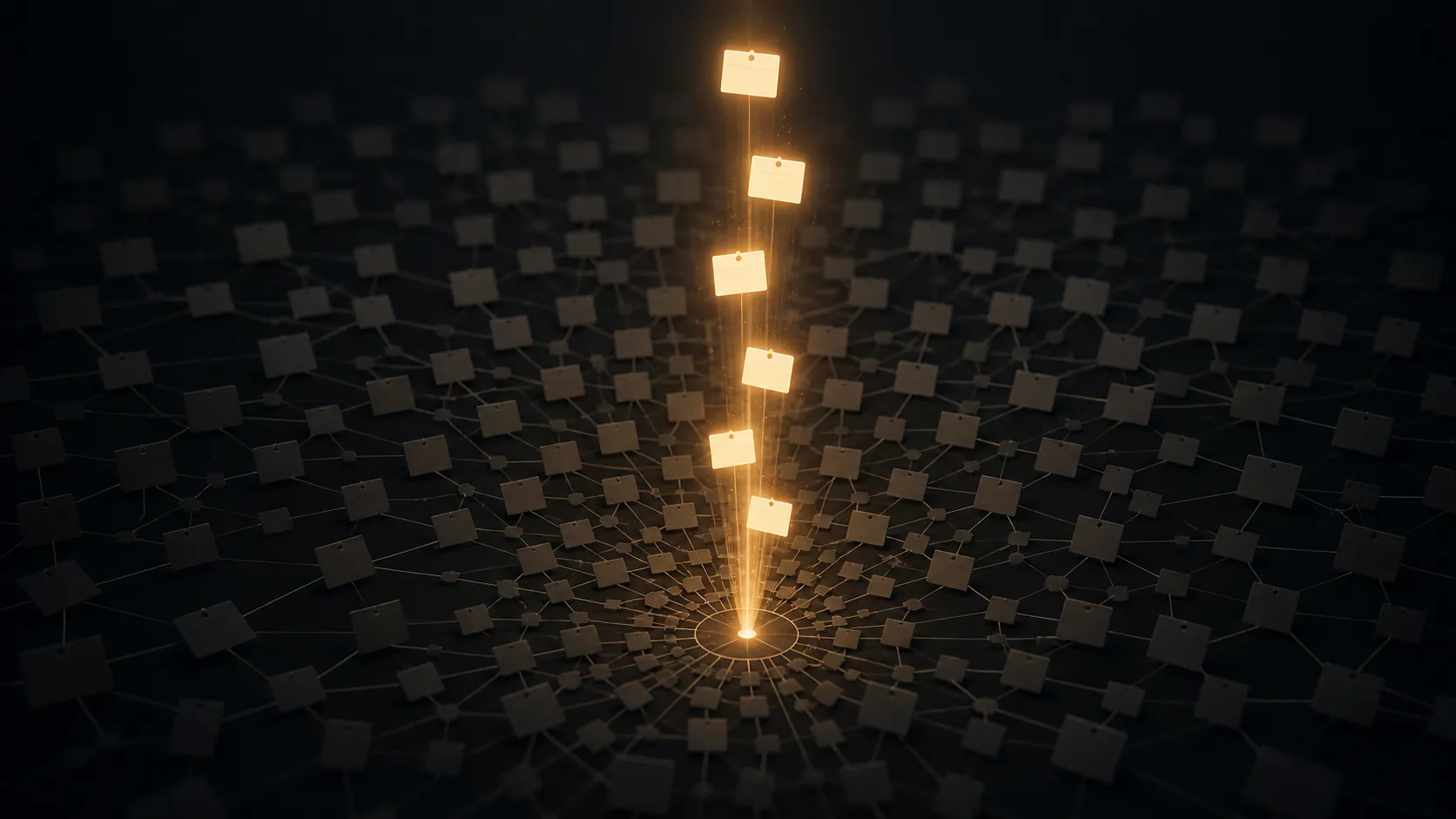 A dark knowledge graph with a small set of glowing note cards selected from a larger vault