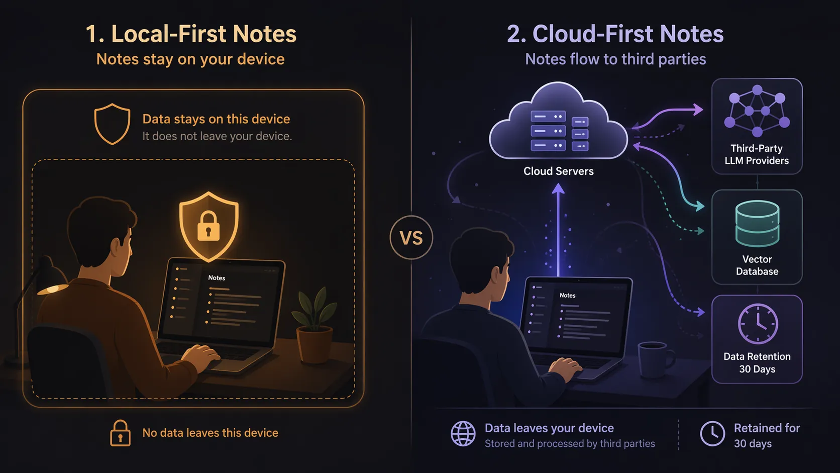 Side-by-side diagram contrasting local-first note architecture with cloud-first AI processing paths