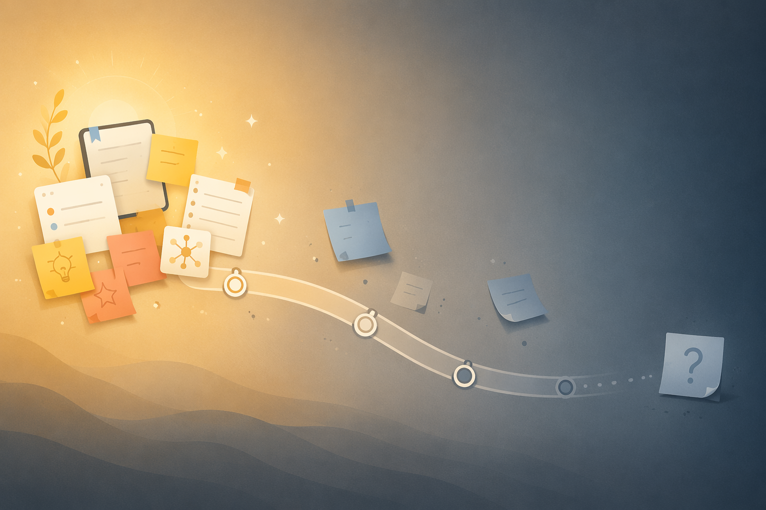 An editorial illustration showing a curved timeline from left to right: warm golden sticky notes and digital icons on the left gradually fade to fewer, scattered, muted blue-gray notes on the right, ending in a single faded note with a subtle question mark, representing the PKM app dropout cycle.