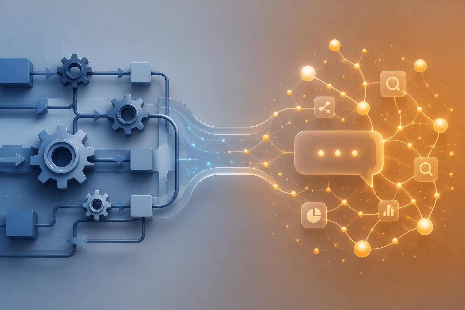 Split illustration showing deterministic automation on one side and AI-driven tool discovery on the other