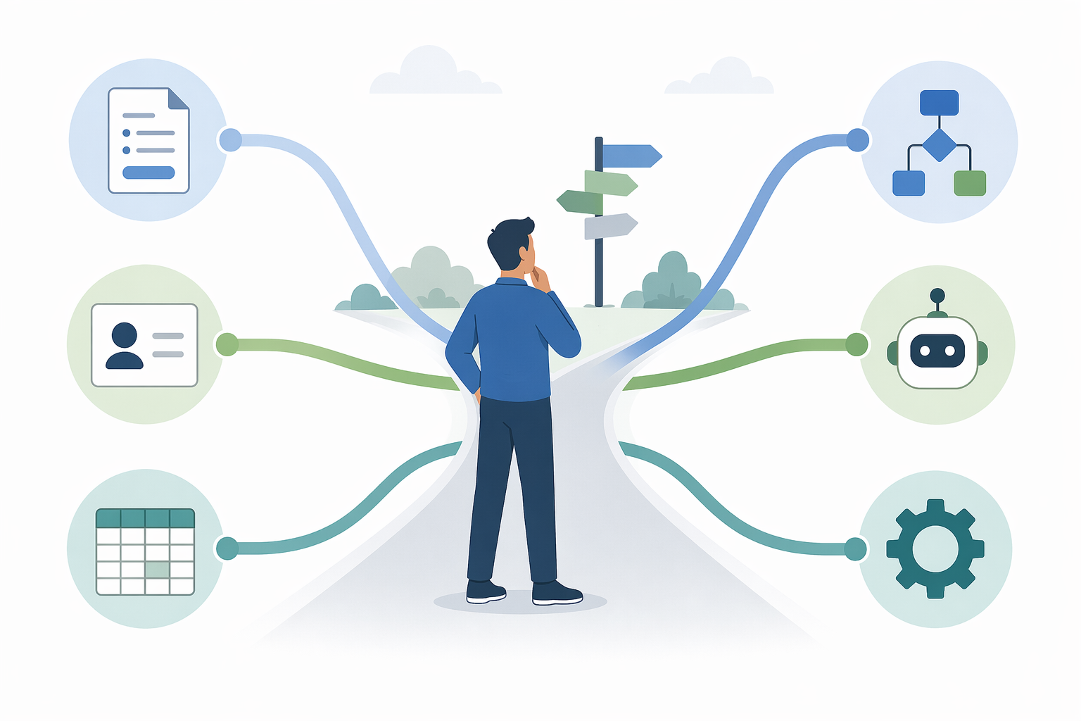 A small business owner at a crossroads with three pathways leading from form, CRM, and spreadsheet icons to tool icons.