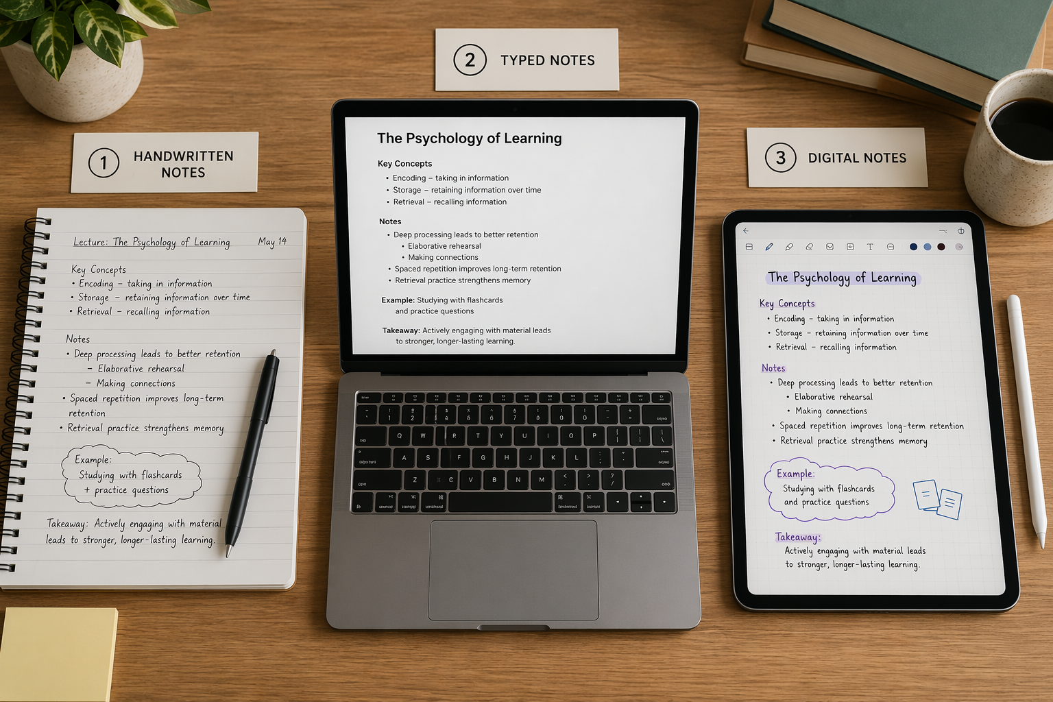 Three student note-taking methods on a desk: paper notes, a laptop, and a tablet with stylus