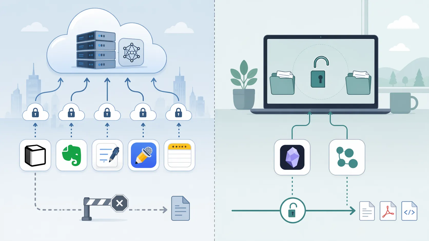 Comparison diagram showing cloud-dependent note apps sending data to corporate AI cloud servers and local-first apps keeping files on a laptop