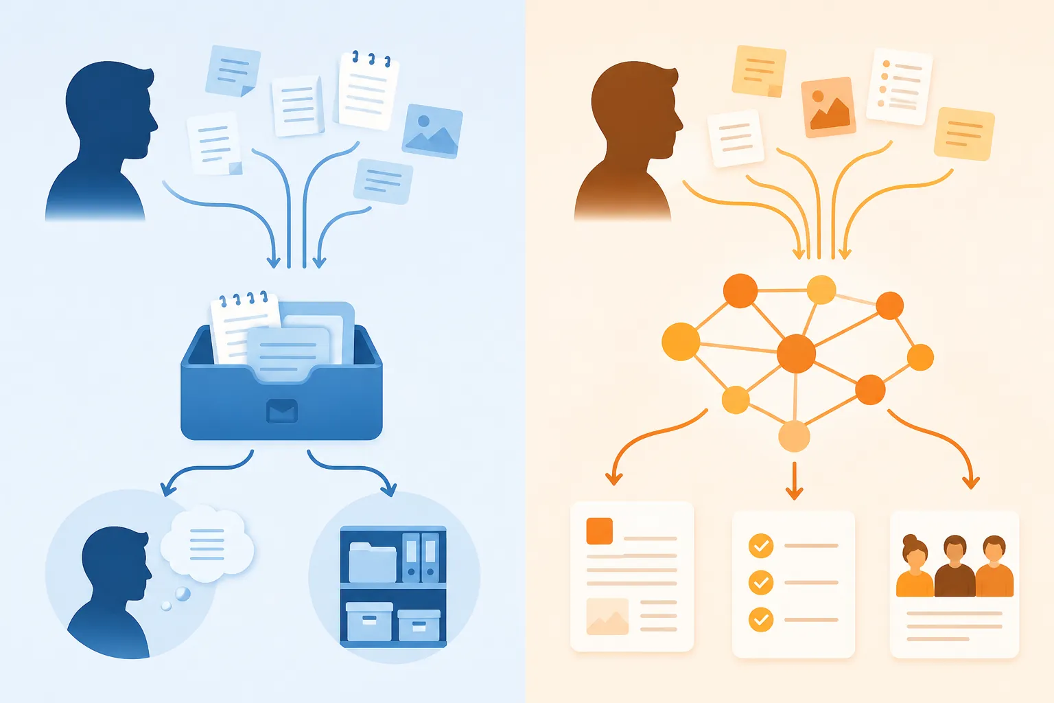 Side-by-side comparison of capture-first and work-product-first note workflows