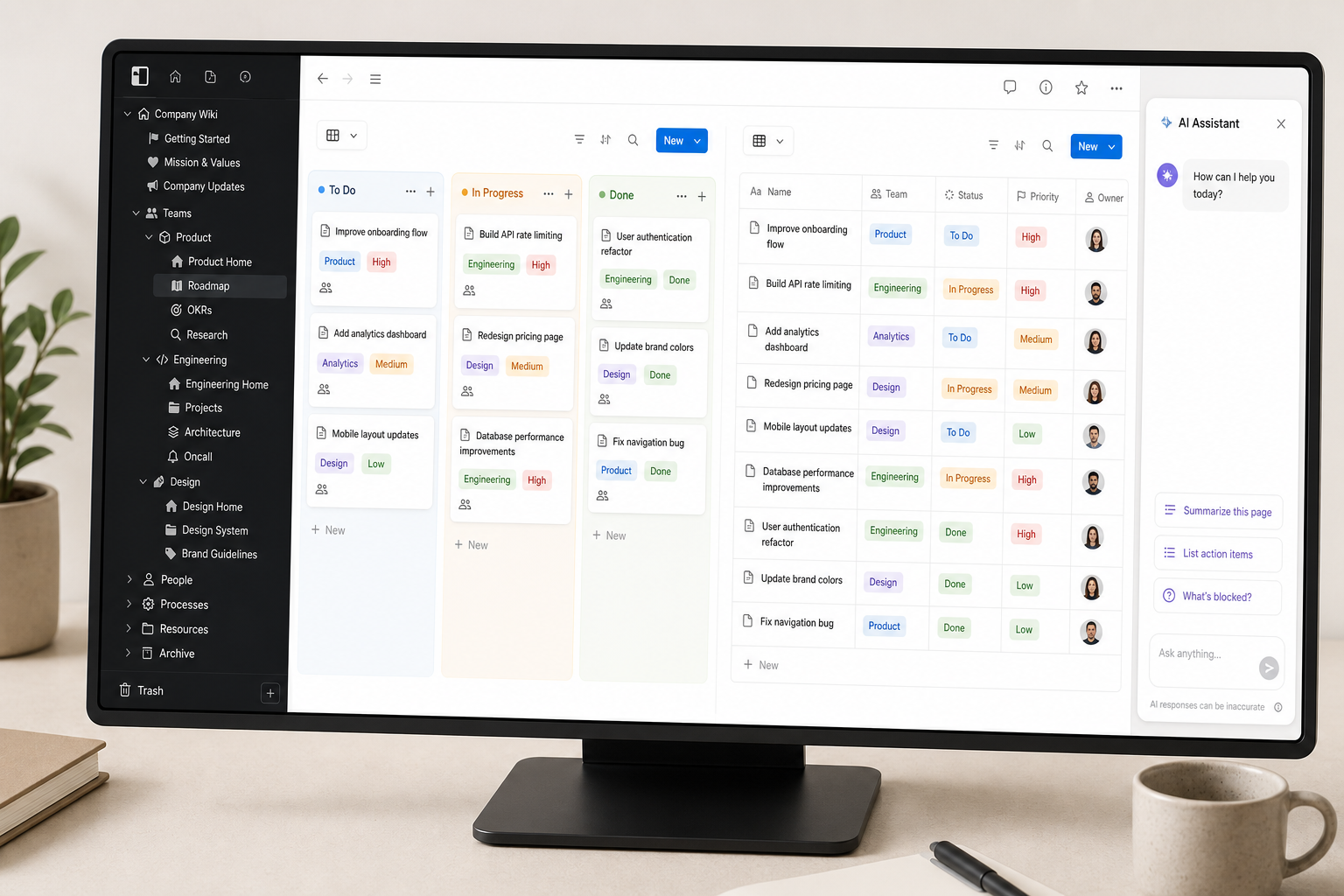 Notion workspace on desktop showing a dark sidebar with nested wiki pages, a kanban board, a table database view, and an AI assistant panel