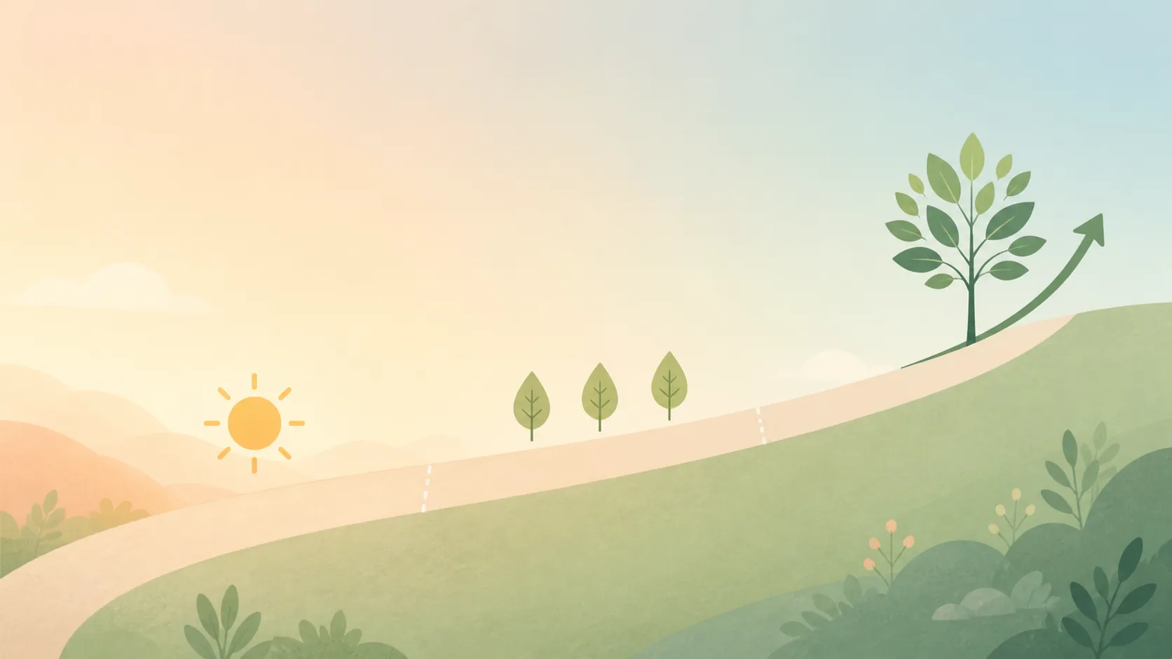 A soft illustration of a gentle path showing progress from one morning to several weeks to longer-term growth