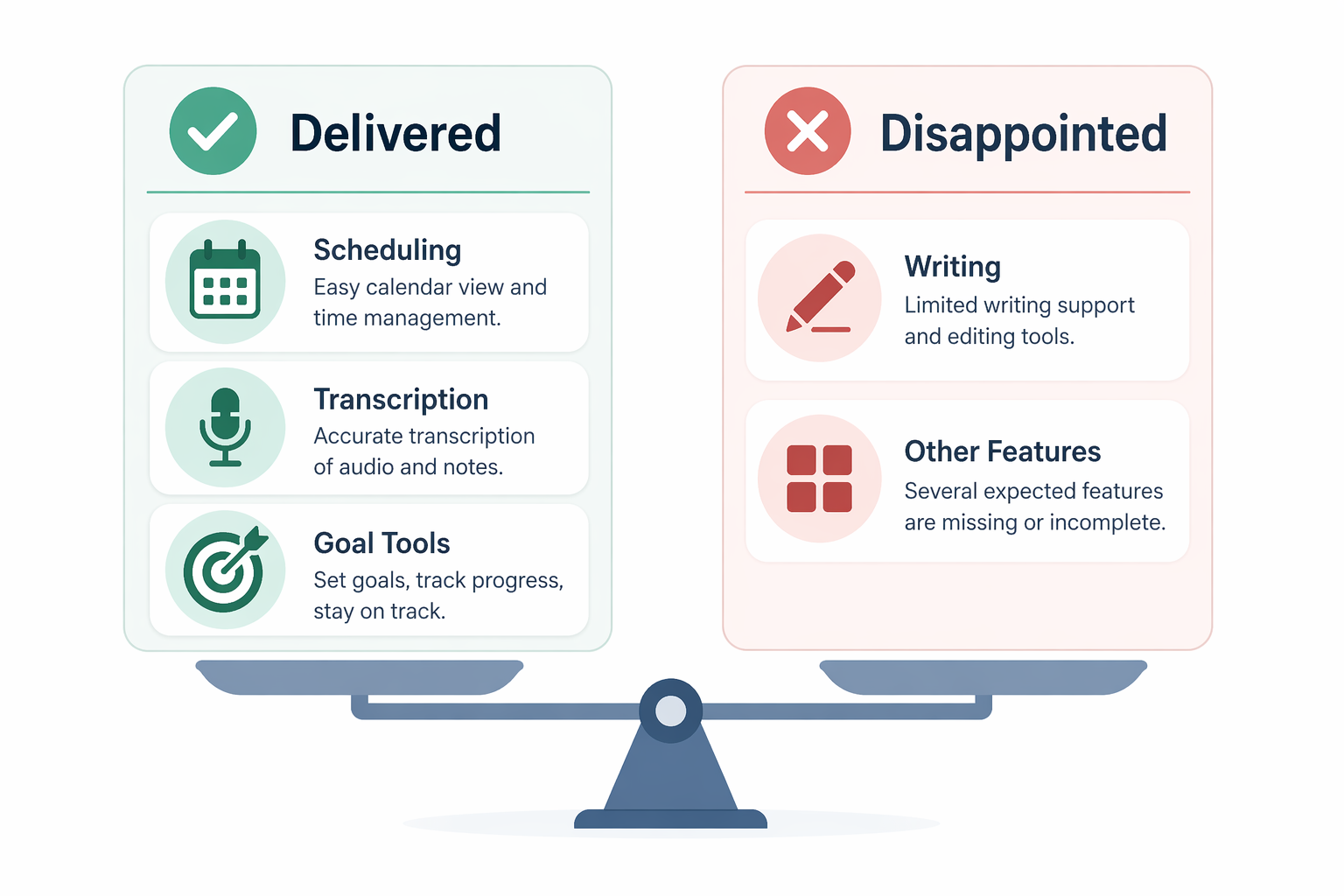 A flat vector comparison illustration with two columns. Left column labeled 'Delivered' with a green checkmark shows generic app icons for scheduling, transcription, and goal tools. Right column labeled 'Disappointed' with a muted red X shows generic app icons for writing and general features. A balance beam connects the two columns.