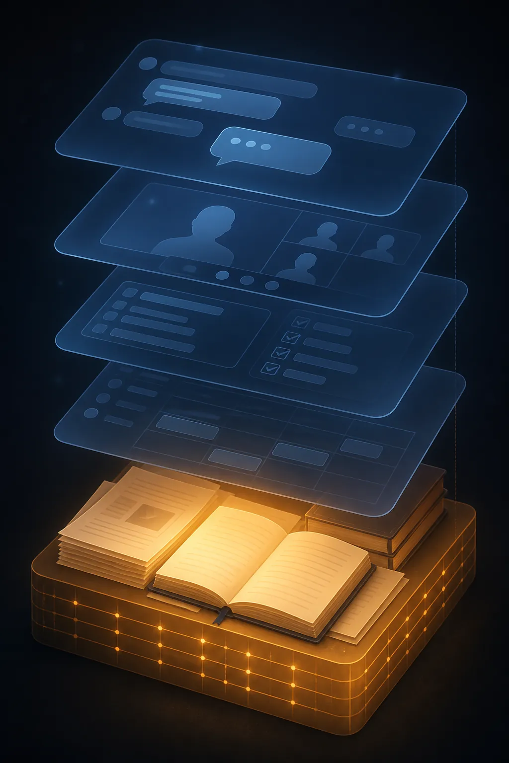 Remote-work panels floating above a foundation layer of notes, documents, and a database grid