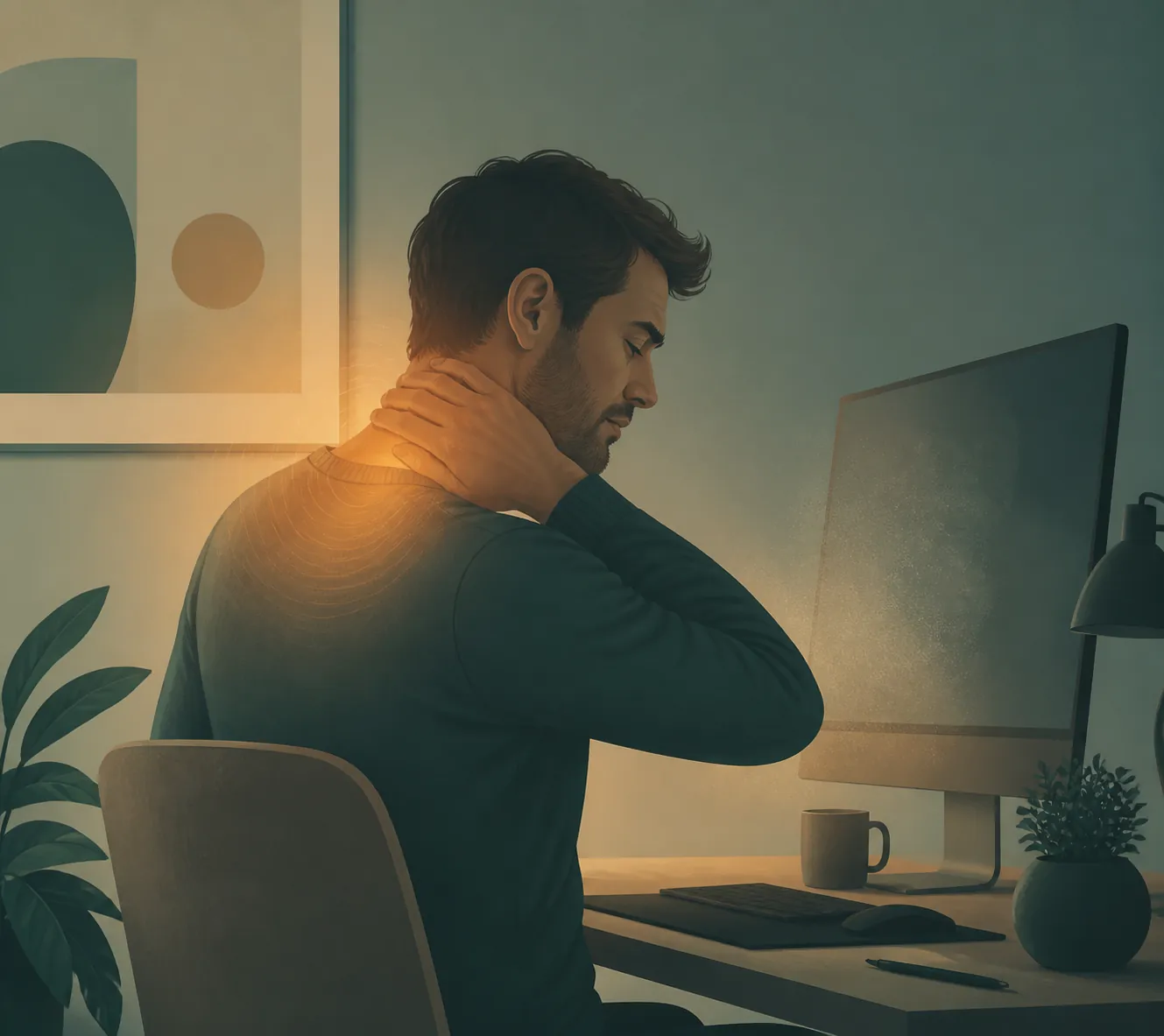 Seated computer worker holding a stiff neck with fading attention on the monitor