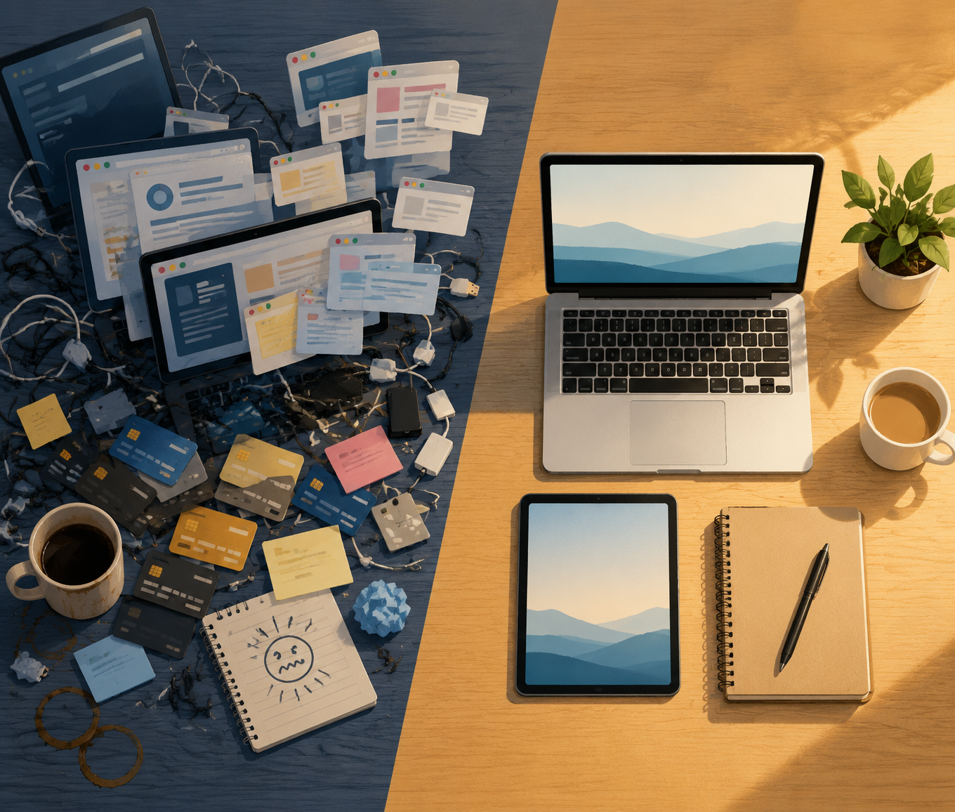 A split desk showing chaotic AI tool overload on one side and a clean curated workspace on the other
