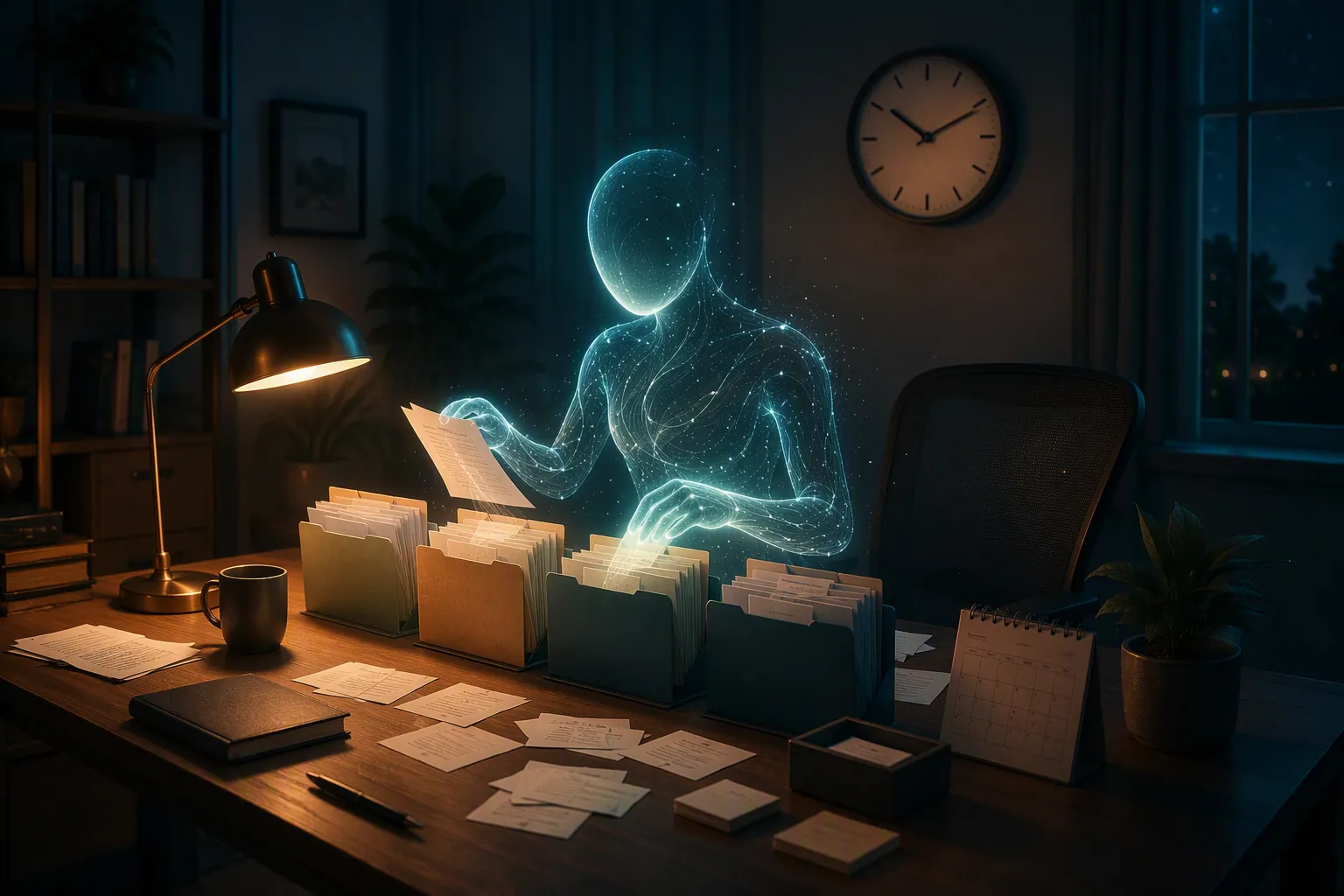 A night office scene with an abstract agent sorting meeting-note pages into folders