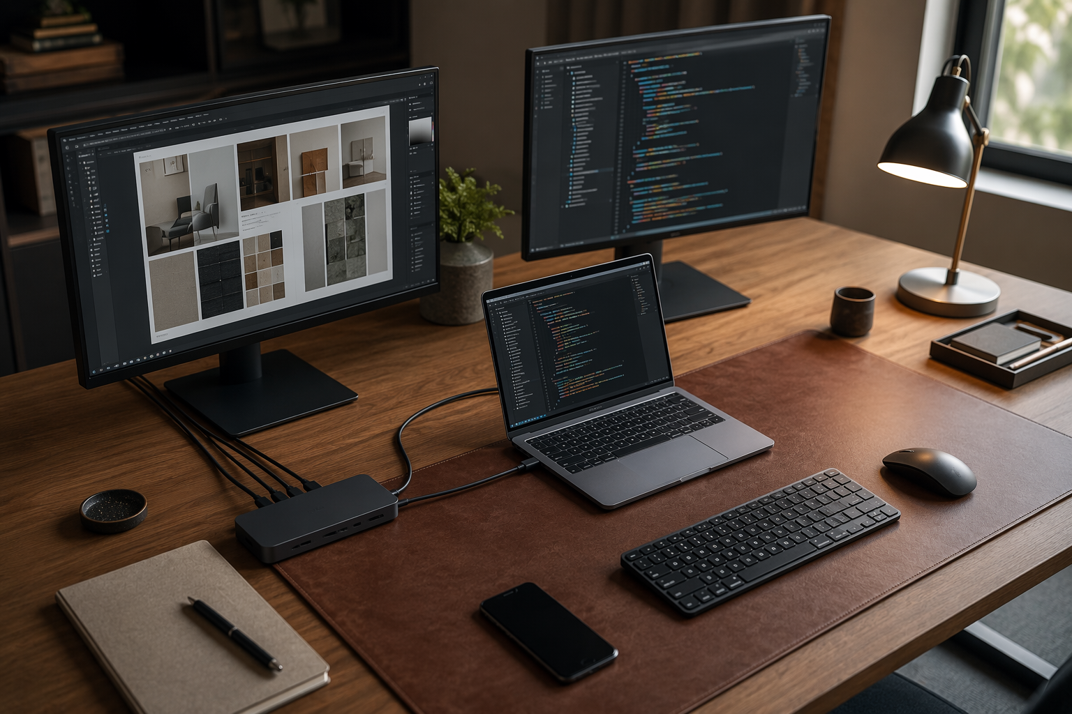 Clean dual-monitor desk setup with a USB4 dock connected to a laptop