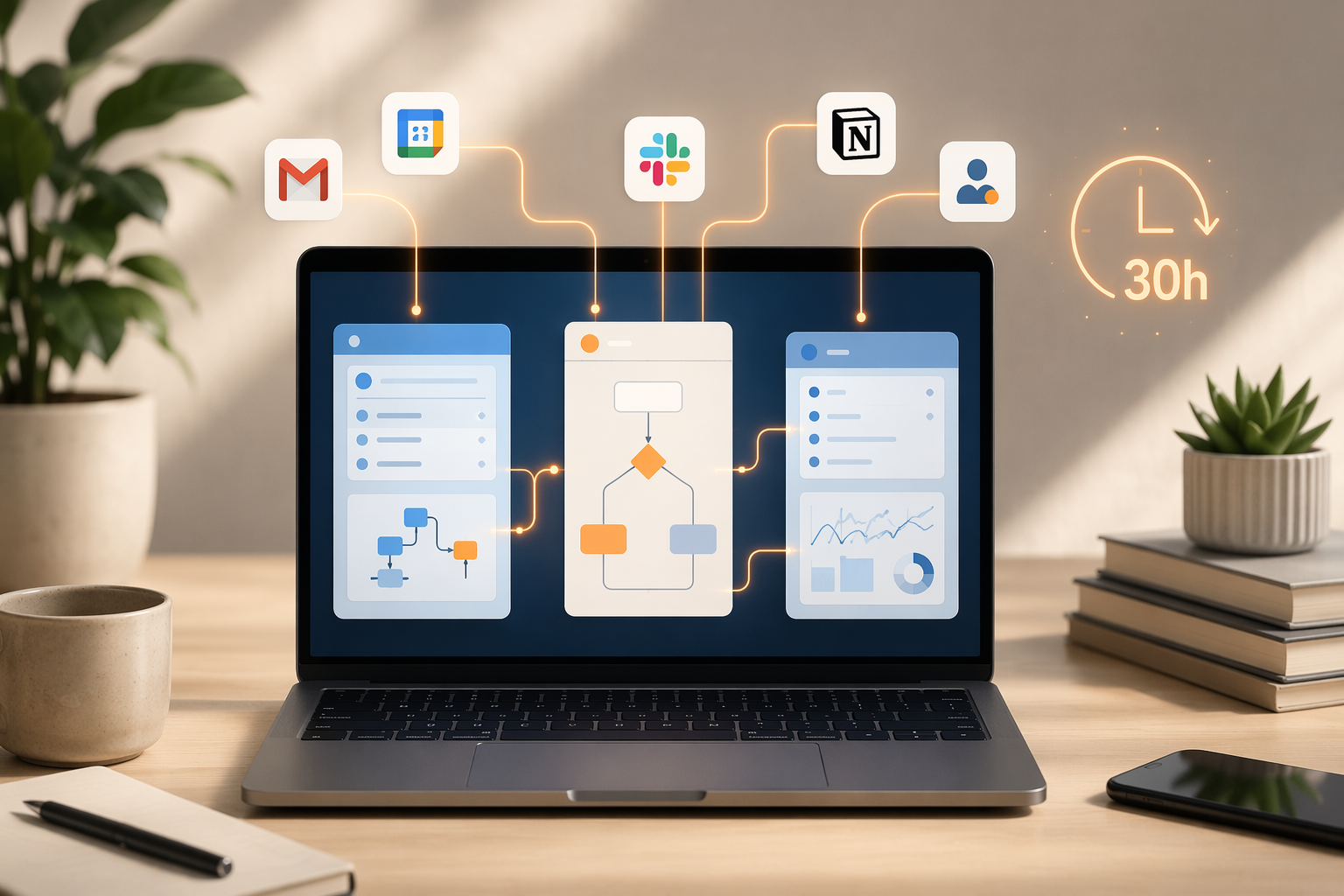 Laptop showing connected workflow panels for Gmail, Calendar, Slack, Notion, and CRM with a 30-hour clock icon