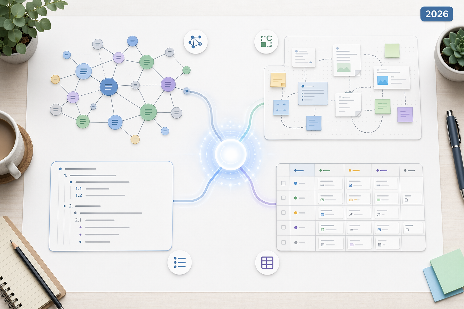 A flat-lay scene with four visual pathways converging toward a central decision node, representing different thinking styles and PKM app paradigms.
