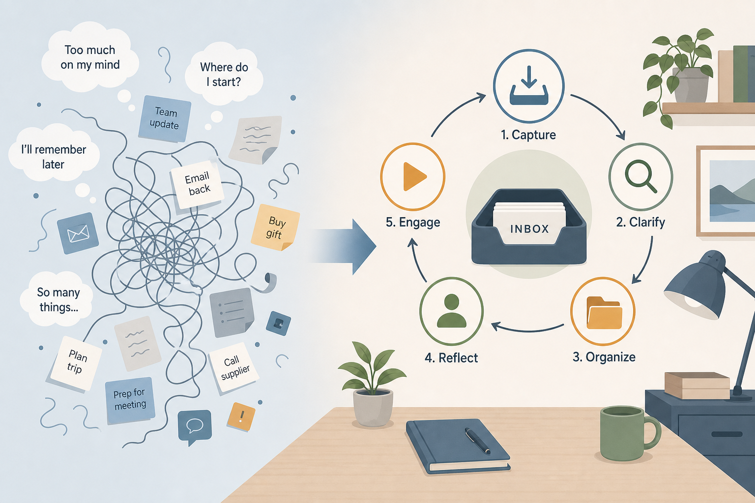 Split-composition illustration contrasting mental chaos on the left with a calm, ordered workspace on the right, showing the five GTD steps in a circular flow.