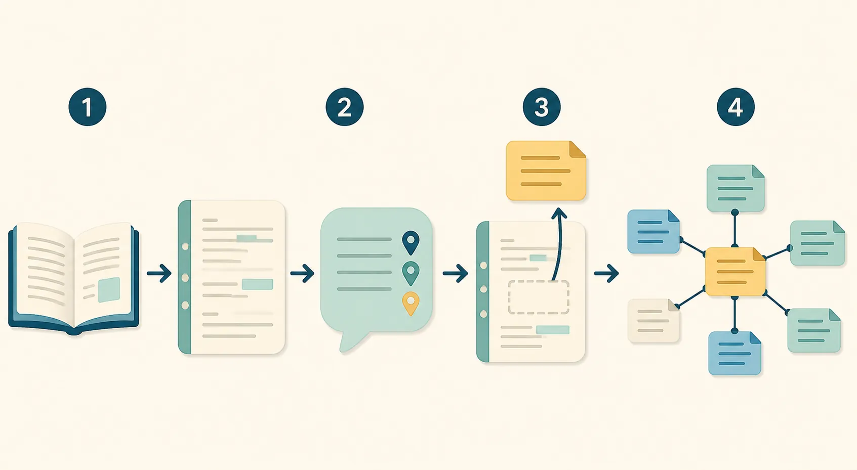 A flowchart showing a book entering a notebook, citation-grounded questions, extracted notes, and a linked note network