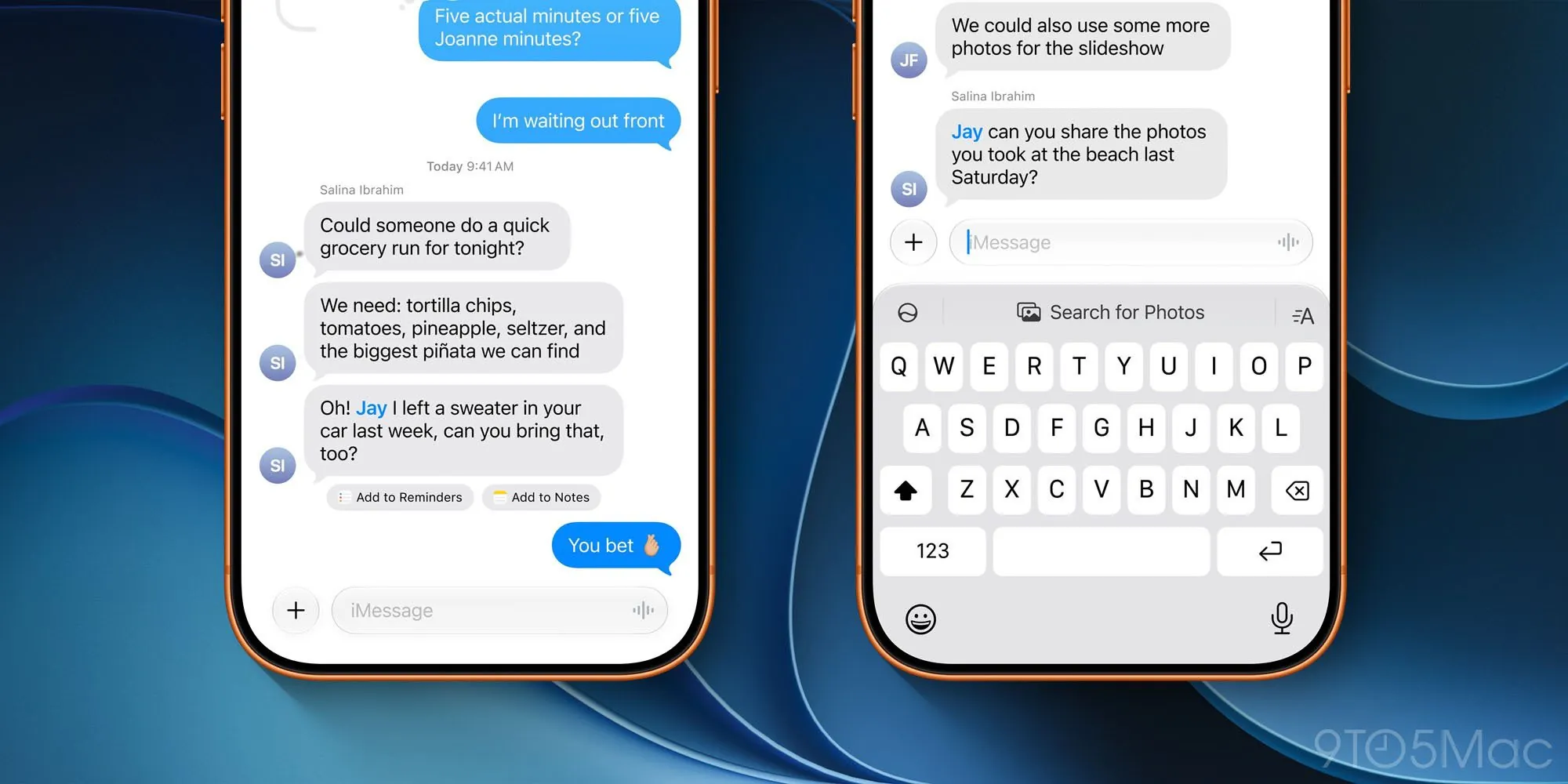 iOS 27 Messages conversation showing contextual suggestion buttons including Add to Notes and Add to Reminders