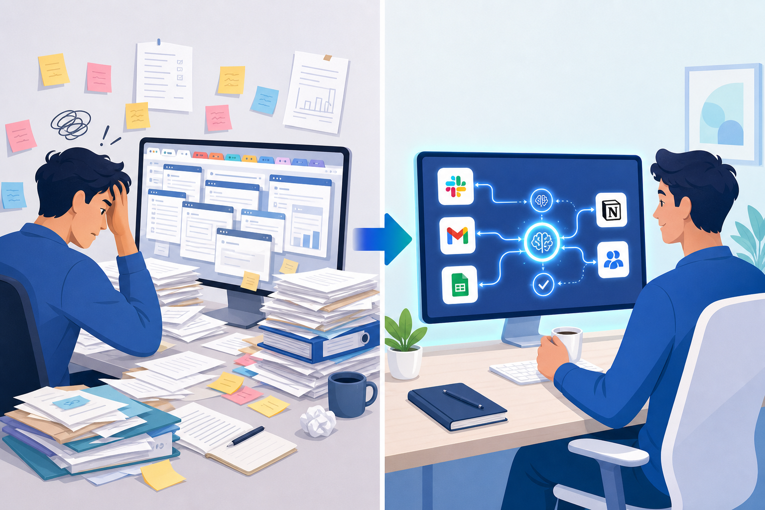 A split flat-vector illustration showing a before-and-after transformation from manual process chaos to AI-powered automation.