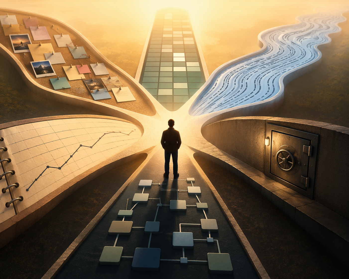 Person standing at a crossroads with six knowledge management pathways