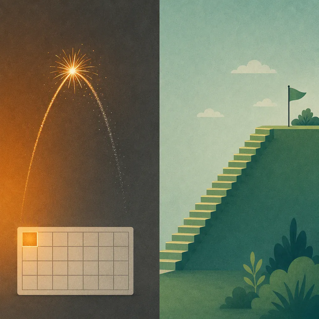 A short bright spark falling away beside a long staircase climbing steadily to a plateau
