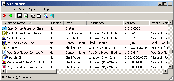 ShellExView utility window listing installed shell extensions in a table