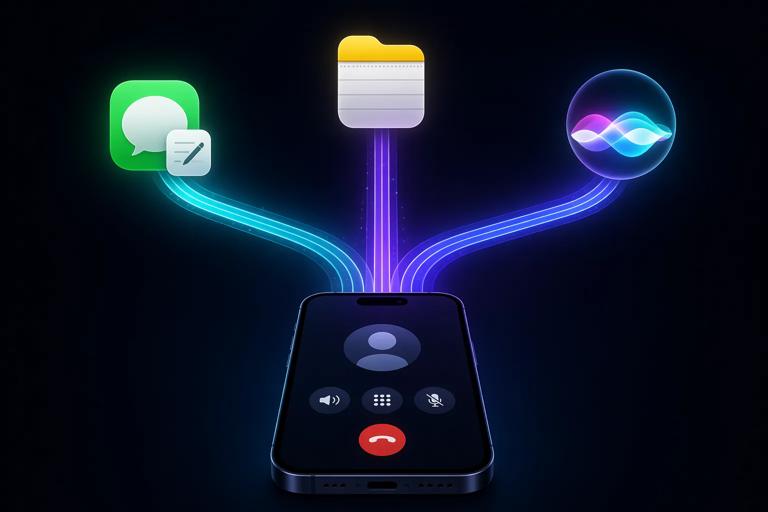 iPhone call interface with three separate paths leading to Messages, Apple Notes, and Siri note capture
