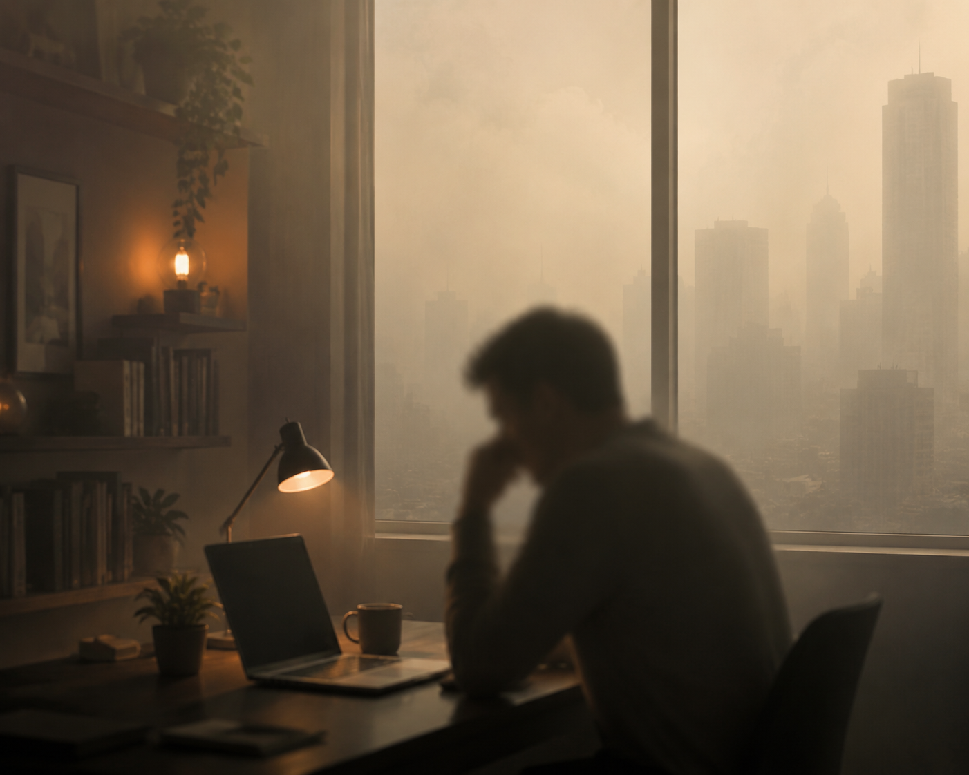 A hazy home office with a laptop, coffee cup, and blurred worker in smoky amber-gray light