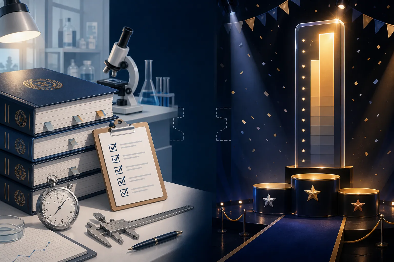 Split editorial illustration contrasting research reports and measurement tools with glowing leaderboard bars on a stage