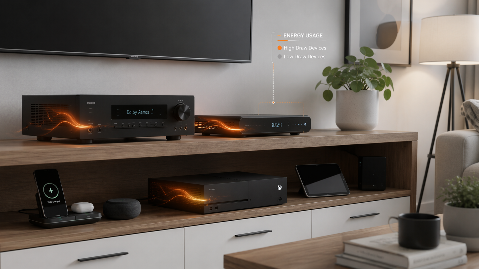 Modern living room shelf with an AV receiver, cable box, and game console showing subtle energy wisps from high-idle devices