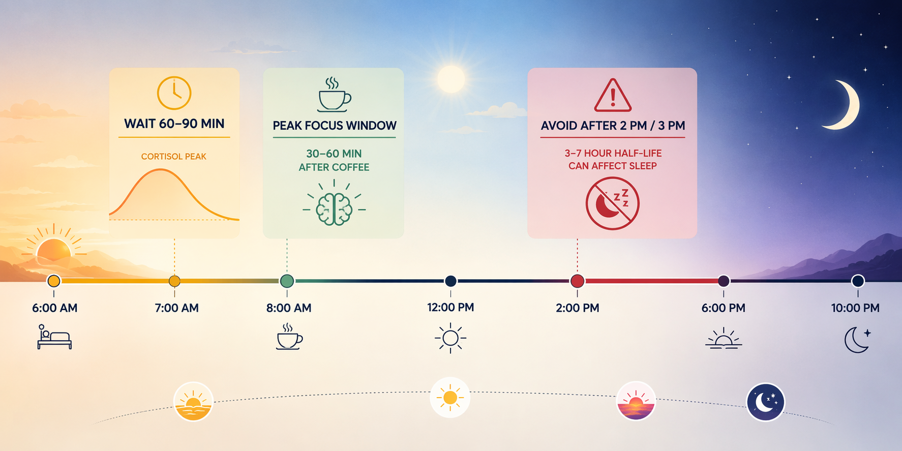 Daily caffeine timing timeline showing morning delay, peak focus window, and afternoon sleep warning zone