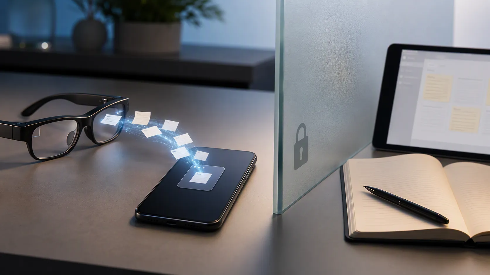 Smart glasses sending captured notes into a closed phone app while the user's notebook and tablet notes system remain separated